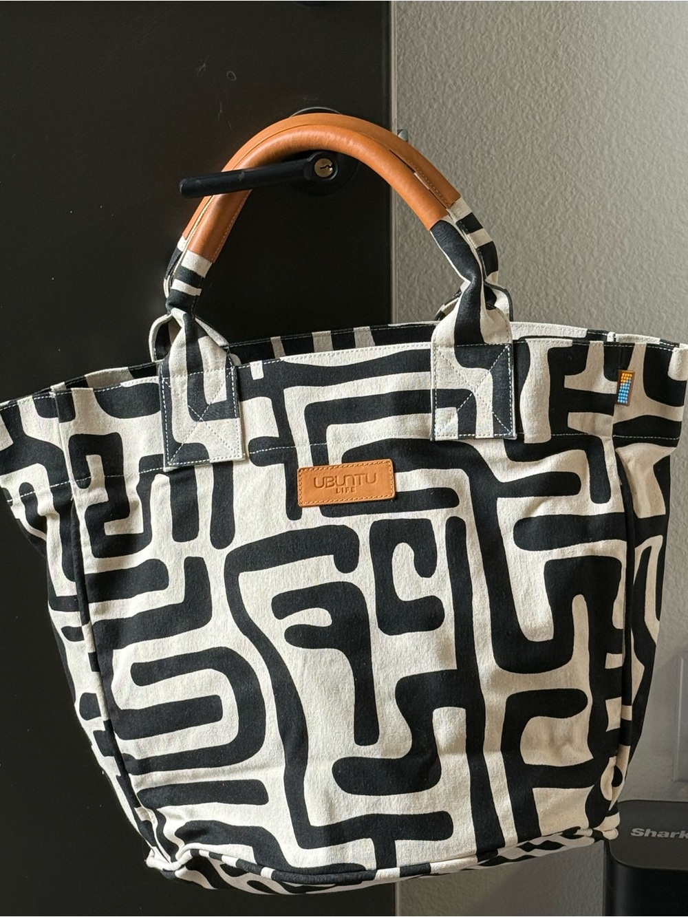 Ubuntu Life Black & Cream Canvas Tote with Tan Handles
